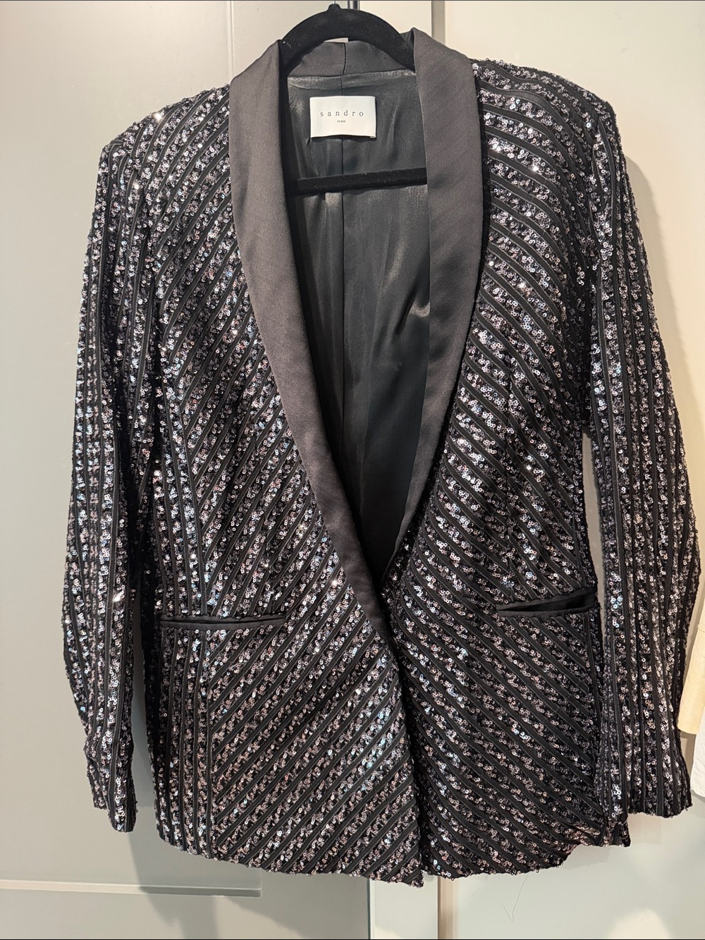 Sandro Black Sequined Diagonal-Stripe Blazer